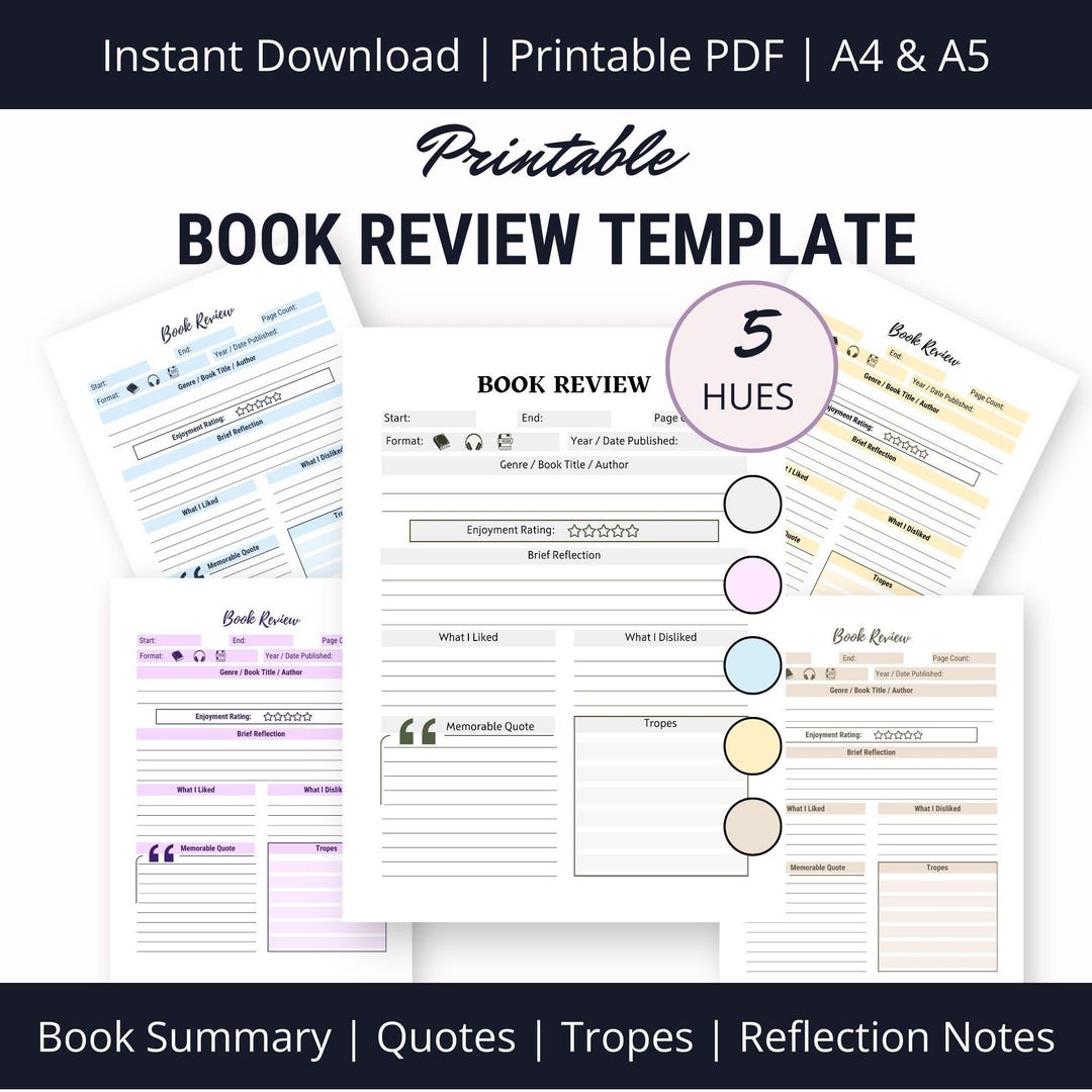 Printable Book Review PDF Template – 5 Colors, A4 & A5 Formats + Subtle ...
