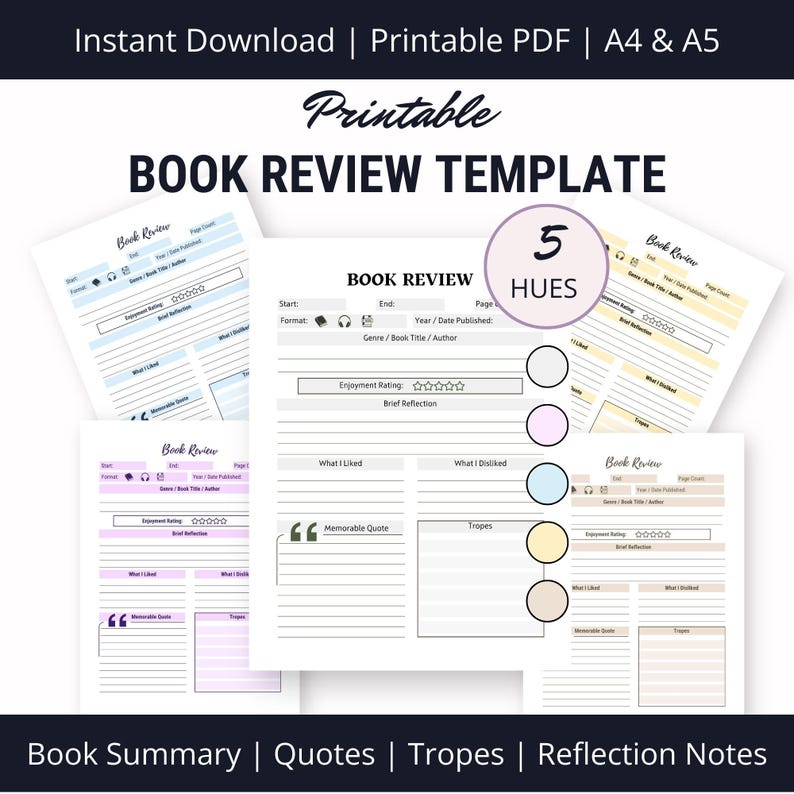 Printable Book Review PDF Template – 5 Colors, A4 & A5 Formats + Subtle ...