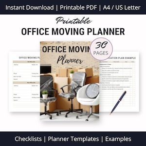 May include: Printable office moving planner with 30 pages. The planner includes checklists, templates, and examples for planning an office move. The image shows a close-up of the planner with a pen and a background of office chairs and boxes.