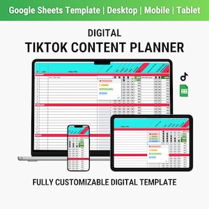 May include: A digital TikTok content planner template displayed on a laptop, tablet, and smartphone. The template is fully customizable and features a spreadsheet layout with sections for video titles and other details. The image includes the text "Google Sheets Template".