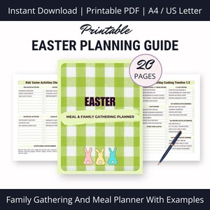 Può includere: Guida di pianificazione di Pasqua stampabile con 20 pagine. La copertina presenta un motivo a scacchi verde e bianco con tre coniglietti al centro in basso. Il titolo "Easter" è in un riquadro bianco con le parole "Meal & Family Gathering Planner" sotto.