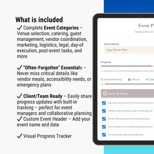 May include: A digital tablet displays event planning software features. The screen shows a checklist with options for event categories, essential details, client updates, and a custom event header. The software includes a visual progress tracker.