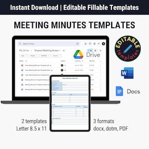 Peut inclure: Une capture d'écran d'un ordinateur montrant un dossier Google Drive avec deux modèles de procès-verbaux de réunion. Les modèles sont disponibles aux formats PDF, DOCX et DOTM. Le texte à l'écran indique "Team Meeting Minutes Template.pdf", "Team Meeting Minutes Template.docx", "Meeting Minutes Template Simple.pdf", "Meeting Minutes Template Simple.docx", et "Meeting Minutes Template Simple.dotm". L'écran affiche également un aperçu de l'un des modèles, intitulé "Team Meeting Minutes". Le modèle comprend des sections pour les détails de la réunion, l'ordre du jour et les points d'action. Le texte sous la capture d'écran indique "2 modèles Lettre 8,5 x 11" et "3 formats docx, dotm, PDF".