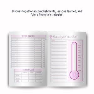 May include: A pink and white planner with a section for shared expenses, a shared balance, and a Valentine's Day no-spend tracker. The tracker has a thermometer-like graphic with a heart and dollar sign.