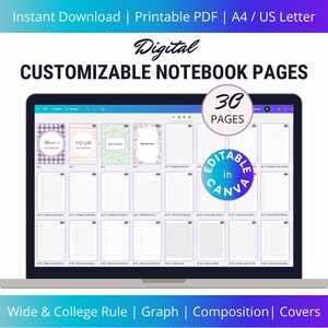 Puede incluir: Una plantilla de cuaderno digital que se muestra en la pantalla de una computadora portátil. La imagen muestra páginas de cuaderno personalizables con opciones de regla ancha y universitaria, gráfico y composición. El texto incluye "Descarga instantánea", "PDF imprimible" y "Editable en Canva".