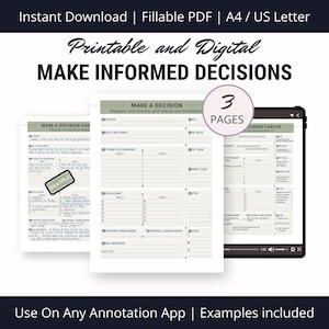 May include: Printable and digital decision-making worksheets with the title "Make Informed Decisions". The worksheets include sections for decision, why it matters, options to consider, pros and cons, intuitive conclusion, rational conclusion, best case, worst case, to do, and notes. The worksheets are designed to help you make informed decisions with clarity and confidence.