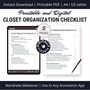以下が含まれることがあります： クローゼットの整理整頓のための印刷可能なチェックリスト。チェックリストは2ページに分かれています。最初のページには、準備、整理整頓、分類のステップが含まれています。2ページ目には、カテゴリー別の整理、収納スペースの最大化、クローゼットの維持と更新のステップが含まれています。