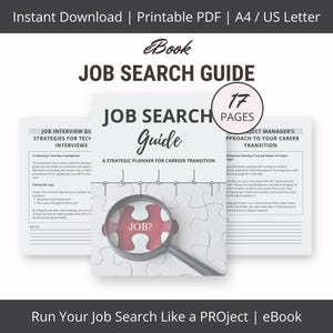 Może przedstawiać: Cyfrowy eBook zatytułowany "JOB SEARCH GUIDE" z 17 stronami, zaprojektowany jako strategiczny planista przejścia zawodowego. Okładka przedstawia układankę z lupą nad słowem "JOB?" i dodatkowe strony.