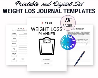 Weight Loss Planner And Motivational Diet Journal Canva Editable Templates, Get into Shape Fitness Tracker, Meal Planning, Body Measurements