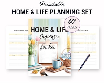 Ensemble de modèles d'organisateurs de maison et de vie, encarts d'agenda, tout-en-un imprimable, ménage, soins personnels, bricolage, jardin, planification de repas, fitness