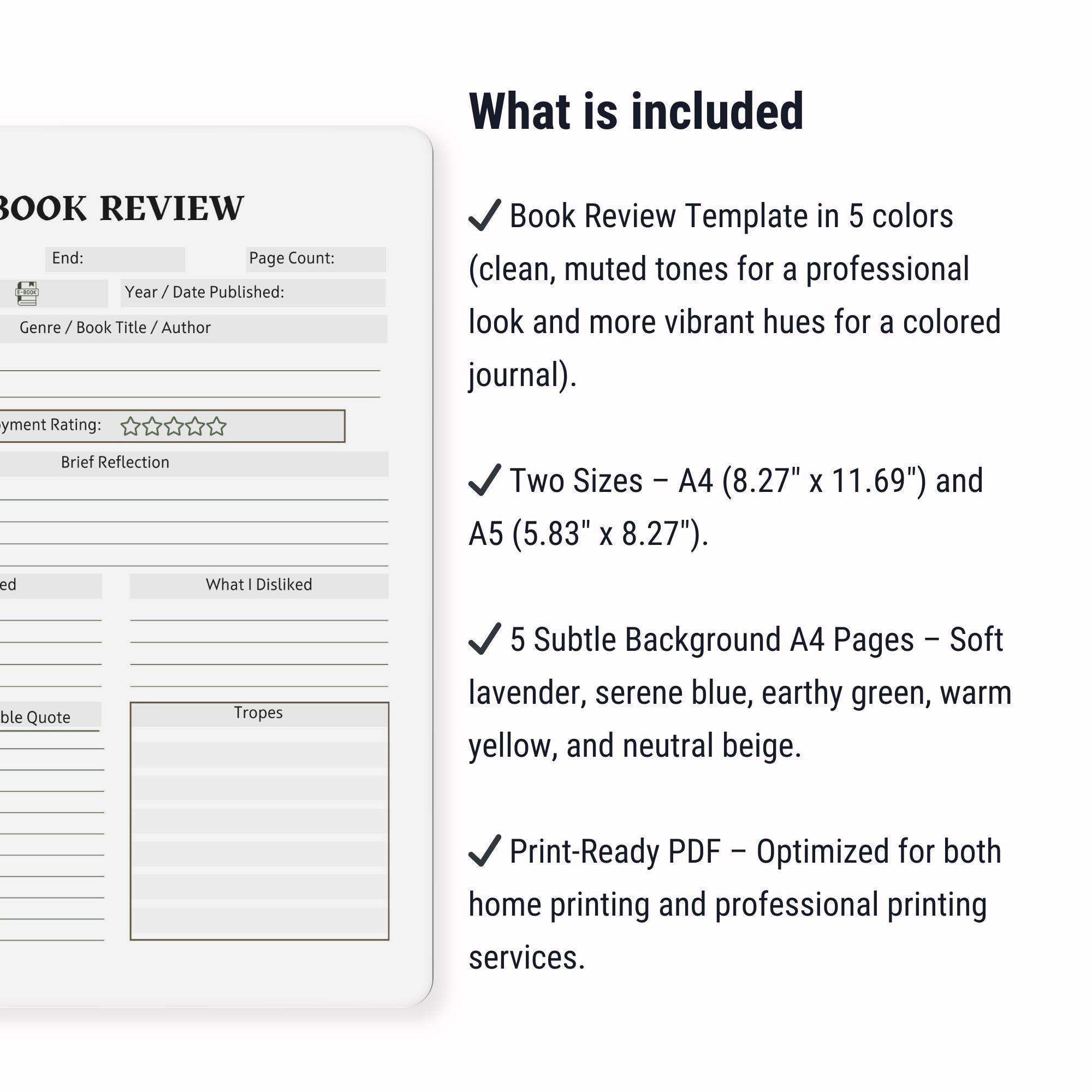 Printable Book Review PDF Template – 5 Colors, A4 & A5 Formats + Subtle ...