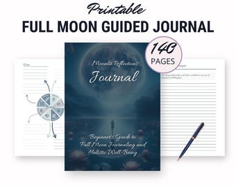 Journal guidé Vollmond imprimable, 12 Mondenergie Meditationen, Journaling fordert Anleitung für Anfänger, anpassbares Lunation Notizbuch,