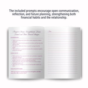 May include: A pink and white journal with a section for prompts to discuss accomplishments, lessons learned, and future financial strategies. The prompts are designed to encourage open communication, reflection, and future planning, strengthening both financial habits and the relationship.