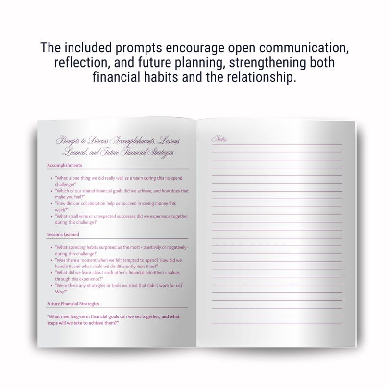 May include: A pink and white journal with a section for prompts to discuss accomplishments, lessons learned, and future financial strategies. The prompts are designed to encourage open communication, reflection, and future planning, strengthening both financial habits and the relationship.