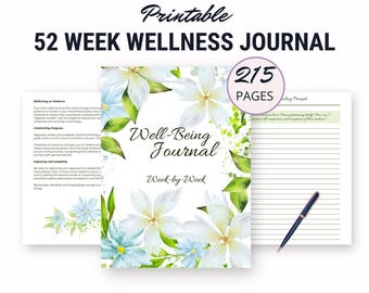 Journal guidé bien-être, ensemble complet imprimable de 52 semaines, cahier d'exercices d'autoréflexion bien-être, fixation d'objectifs, remerciements, suivi de l'humeur
