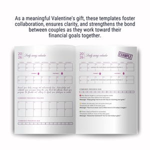 May include: A two-page spread of a daily savings calendar template. The calendar is divided into two sections for two partners. Each section has a weekly calendar grid with space for individual contributions. The template also includes a combined progress bar to track savings progress.