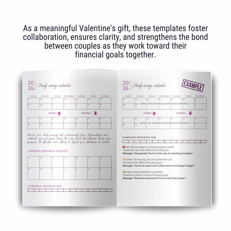 May include: A two-page spread of a daily savings calendar template. The calendar is divided into two sections for two partners. Each section has a weekly calendar grid with space for individual contributions. The template also includes a combined progress bar to track savings progress.