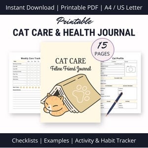 Könnte beinhalten: Druckbarer Katzenpflege- und Gesundheits-Tagebuch mit 15 Seiten. Das Cover zeigt eine Comic-Katze, die unter einem Buch mit einem Pfotenabdruck schläft. Das Tagebuch enthält einen wöchentlichen Pflegeplan, ein Katzenprofil, Checklisten, Beispiele und einen Aktivitäts- und Gewohnheitstracker.
