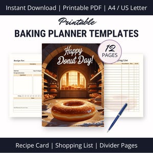 May include: Printable baking planner templates with recipe cards, shopping lists, and divider pages. The cover features a donut illustration with the text "Happy Donut Day!" and "12 Pages". Includes a blue pen.