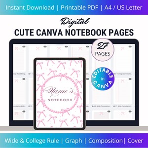 Coquette Notebook Inserts, Fully Editable Canva Templates, Wide & College Ruled, Graph Paper, School Composition Pages + Customizable Cover