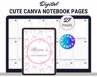 Coquette Notebook Inserts, Fully Editable Canva Templates, Wide & College Ruled, Graph Paper, School Composition Pages + Customizable Cover