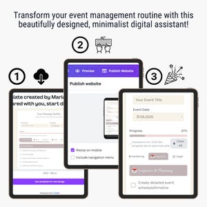 May include: Three tablets displaying event planning software. The first tablet shows a checklist, the second displays a website preview, and the third shows event details. Text on the screen includes "Publish Website" and "Event Date 31.05.2025".