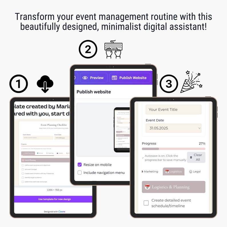 May include: Three tablets displaying event planning software. The first tablet shows a checklist, the second displays a website preview, and the third shows event details. Text on the screen includes "Publish Website" and "Event Date 31.05.2025".