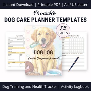 Könnte beinhalten: Druckbare Hundepflege-Planer-Vorlagen mit 15 Seiten. Das Cover zeigt einen Golden Retriever mit einem verspielten Ausdruck, der ein Seilspielzeug im Maul hält. Der Text "DOG LOG Canine Companion Journal" ist auf dem Cover abgebildet.