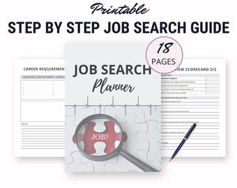 May include: Printable 18-page job search planner guide with checklists, examples, and a to-do plan. The cover features a magnifying glass over a white puzzle piece with the word "JOB?" in red.