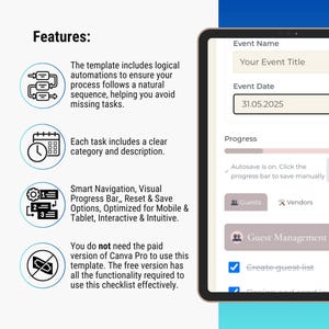 May include: A digital tablet displaying a checklist template with the title "Your Event Title" and the date "31.05.2025". The screen shows features like logical automations, clear task categories, and smart navigation.