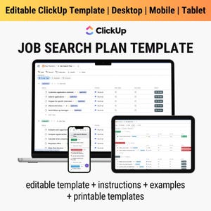 Może przedstawiać: Zrzut ekranu szablonu planu poszukiwania pracy ClickUp wyświetlanego na laptopie, tablecie i smartfonie. Szablon jest zorganizowany w postaci listy zadań z kolumnami dla priorytetu, daty rozpoczęcia, daty zakończenia i statusu. Szablon zawiera zadania takie jak "Dostosuj materiały aplikacyjne", "Przygotuj się do konkretnych rozmów kwalifikacyjnych" i "Wyślij wiadomości z podsumowaniem".