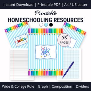 May include: Printable homeschooling resources with blue striped covers, colorful pencil borders, and the text "HOMESCHOOLING RESOURCES." Includes lined, graph, and composition paper. The image also includes the text "MATH" and "36 PAGES."