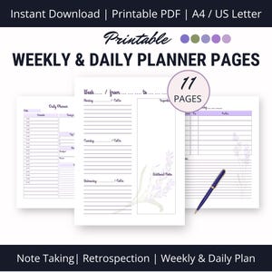 May include: Printable weekly and daily planner pages with lavender floral design. The planner includes 11 pages for note taking, weekly planning, and daily planning.