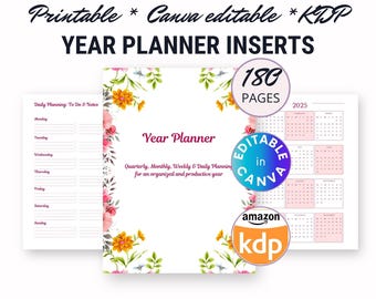 Planificateur d'année imprimable encart KDP, modèle Canva modifiable, planification trimestrielle, hebdomadaire et quotidienne, 180 pages, esthétique florale 8,5 x 11