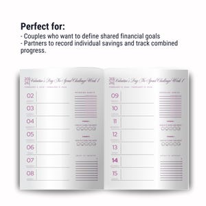 May include: A two-page spread of a Valentine's Day No Spend Challenge journal. The journal is open to show the first week of the challenge, which runs from 2nd February to 8th February. The journal has space to track spending habits, how the challenge is going, and areas to improve.