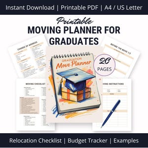 Graduation Move Planner Inserts Printable PDF, Move In New Home Checklist, Address Residence Change, New Apartment Guide, Affordable Gift