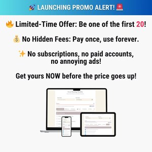May include: A promotional graphic with the text "LAUNCHING PROMO ALERT!" and details of a limited-time offer. The image includes a laptop, tablet, and smartphone displaying a checklist interface. The offer emphasizes no hidden fees and no subscriptions.