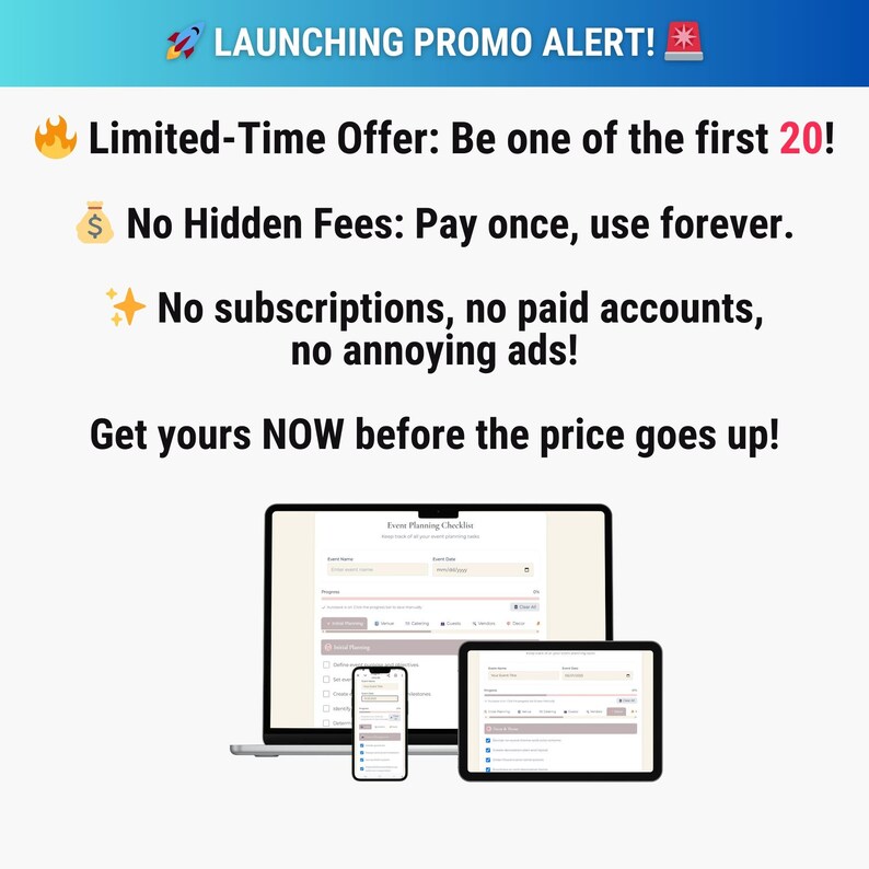 May include: A promotional graphic with the text "LAUNCHING PROMO ALERT!" and details of a limited-time offer. The image includes a laptop, tablet, and smartphone displaying a checklist interface. The offer emphasizes no hidden fees and no subscriptions.