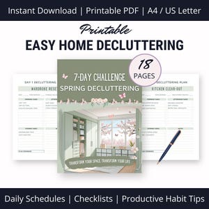 Puede incluir: Guía imprimible de 18 páginas para ordenar tu hogar. La portada presenta una ilustración verde y blanca de una habitación con una ventana y una estantería. El título es "Reto de 7 días - Desorden de primavera" y el texto "Transforma tu espacio, transforma tu vida" está en la parte inferior.