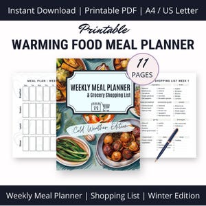 Modelli stampabili per pianificatore settimanale dei pasti e lista della spesa, esempi di alimenti per la stagione fredda per 2 settimane: colazione, spuntini, pranzo e cena in formato PDF