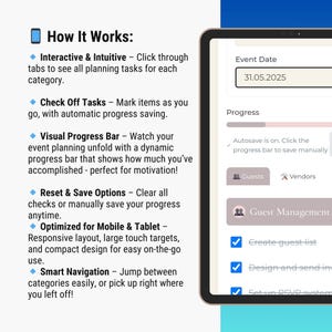 May include: A digital tablet displays event planning software with a user-friendly interface. The screen shows a date, progress bar, and options for guest management. Text highlights features like interactive tabs, task tracking, and mobile optimization.