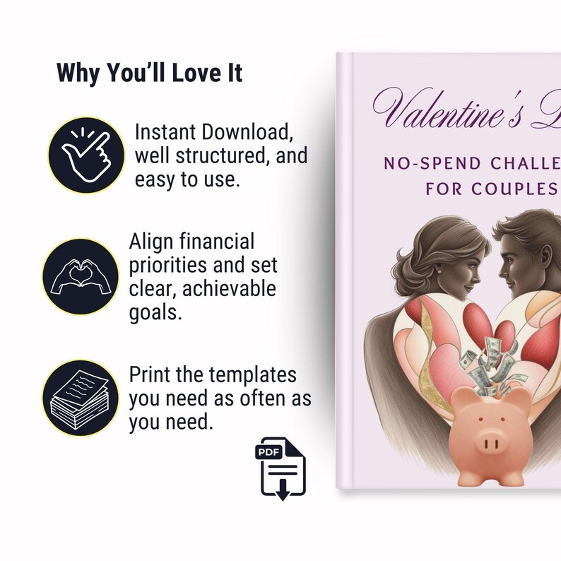 May include: A pink book cover featuring a couple in love holding a heart filled with money. The book title is "Valentine's Day No-Spend Challenge for Couples".