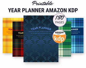 Agenda annuel PDF imprimable encart KDP Trimestriel Mensuel Planning hebdomadaire et quotidien 180 pages, 8,5 x 11, motifs de couverture incl. Carnet de notes