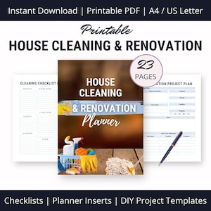 Peut inclure: Planificateur de nettoyage et de rénovation de la maison imprimable avec 23 pages. Le planificateur comprend des listes de contrôle, des plans de projets et des modèles de projets de bricolage. La couverture présente une serpillière, des produits de nettoyage et des gants en caoutchouc jaunes sur une surface en bois.