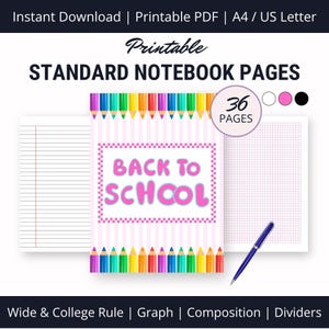 Cuadernos imprimibles para la vuelta al cole (PDF), con líneas anchas y universitarias, papel cuadriculado y de composición, tapa personalizable, juego de divisores para asignaturas principales.