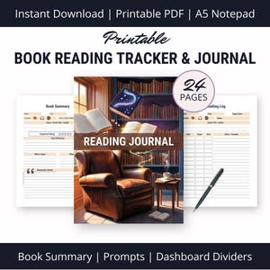 Op de afbeelding: Een afdrukbare boekleestracker en -journaal met een leeslogboek, boekoverzicht en prompts. De omslag toont een leren fauteuil, een boekenkast en de woorden "Reading Journal". Bevat 24 pagina's en is een A5-notitieblok.