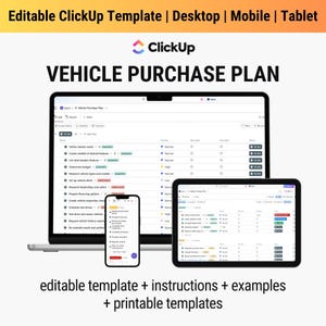 May include: A screenshot of a ClickUp template for a vehicle purchase plan. The template is displayed on a laptop, tablet, and smartphone. The template includes a list of tasks, such as defining vehicle needs, creating a wish list of desired features, and researching vehicle types and models.