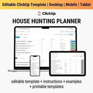 Modello ClickUp per la ricerca della casa, pianificatore digitale passo dopo passo per trovare la casa dei tuoi sogni, attività personalizzabili, lista dei desideri, valutazione, contratto
