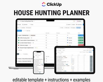 Modèle ClickUp pour recherche d'une maison, planificateur numérique étape par étape pour trouver la maison de vos rêves, tâches personnalisables, souhaits, évaluation, contrat