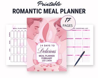 Planificateur de repas romantique pour couple, préparation de cuisine sur 2 semaines à imprimer avec exemples, plan de menu pour célébration de fiançailles ou d'anniversaire de mariage